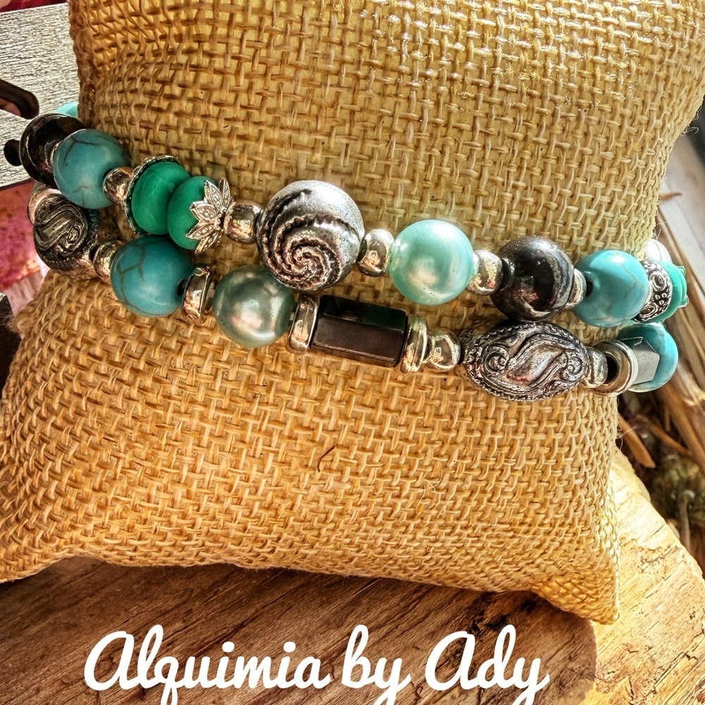 SILVER SHELLS + Turquoise hematite and Silver Bracelet set duo